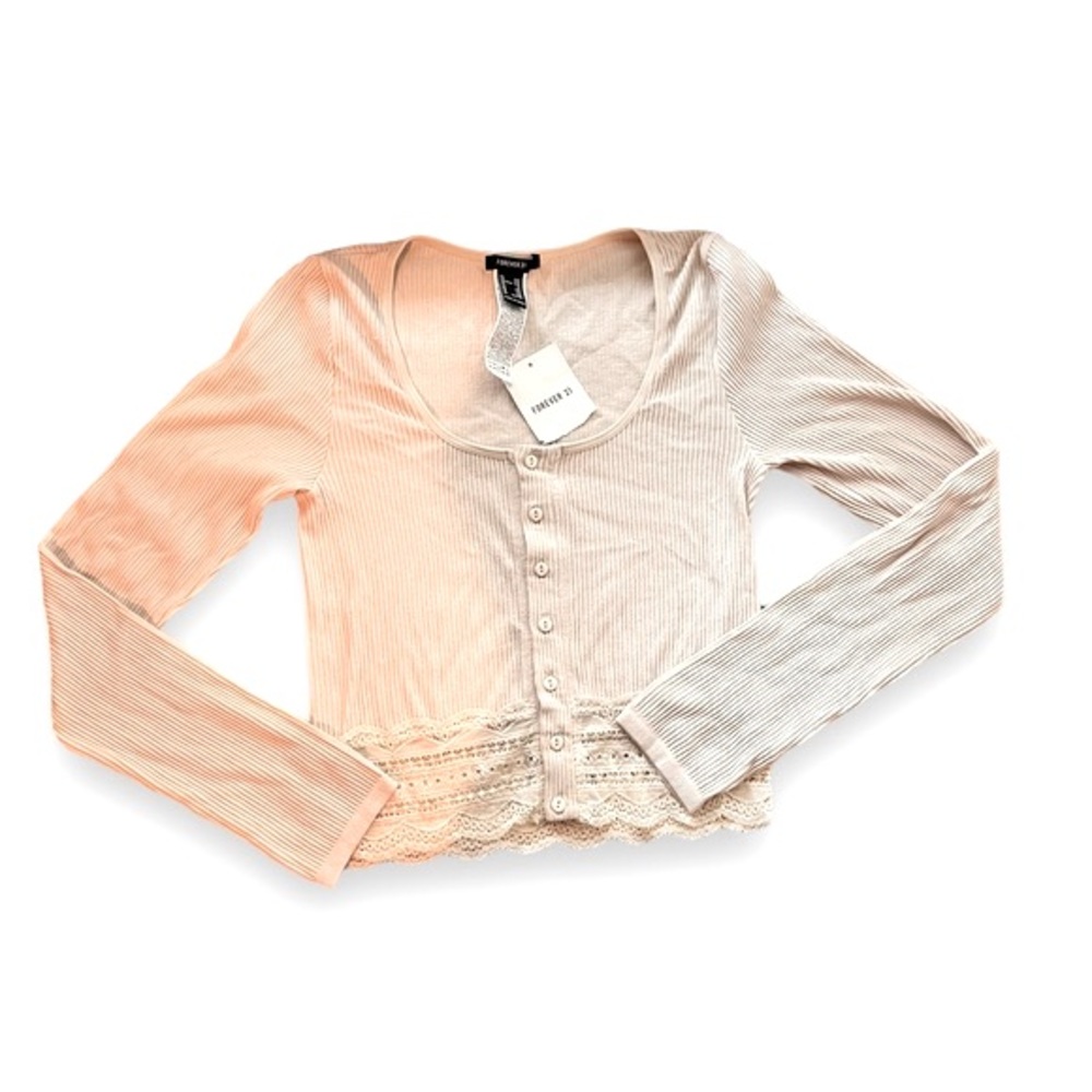 Ribbed Button-Front Lace Top - cream color